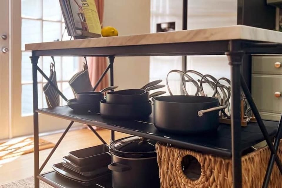 Fully equipped kitchen with air fryer, crockpot, toaster and full spice rack. 