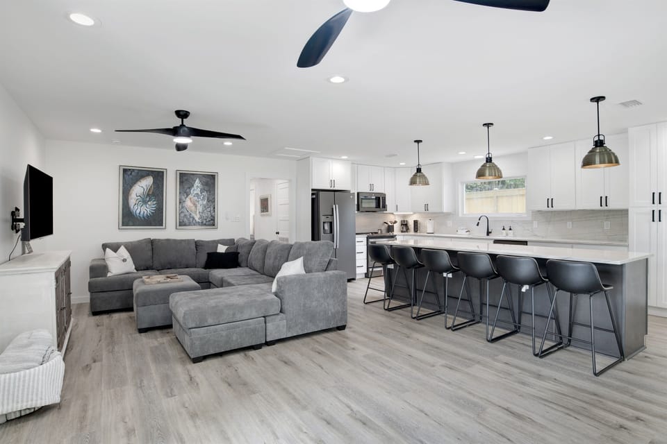 Large sectional sleeper sofa. 50" 4K Roku Tv with all your favorite streaming apps.  The sofa sleeper is inside and blankets in the entertainment center.