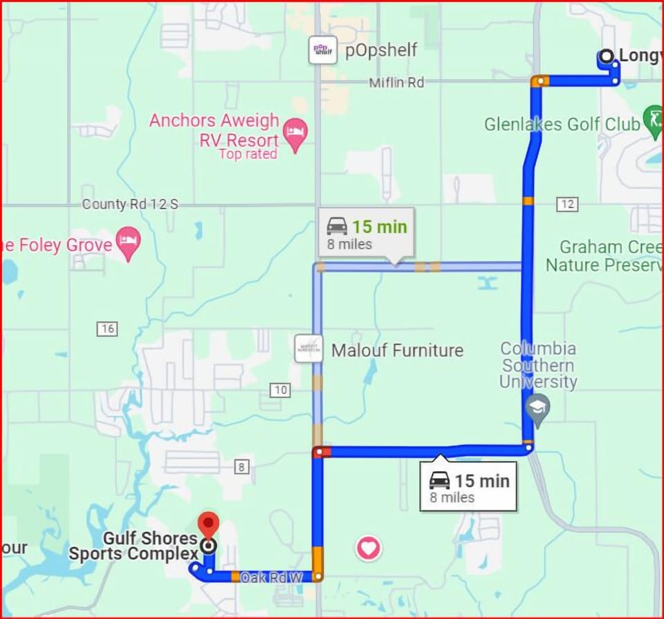 Travel map to Gulf Shores sporting fields. Foley is 3 minutes away.