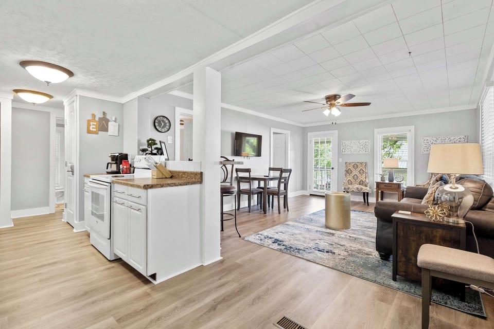 Open concept kitchen, living and dining room.