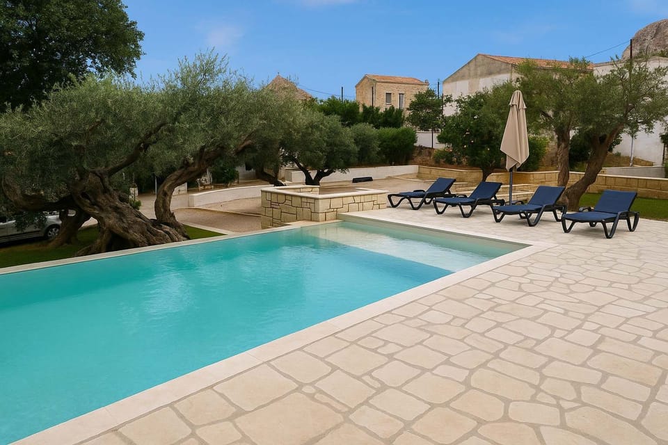 Private Pool Area – Surrounded by Olive Trees and Sun Loungers

