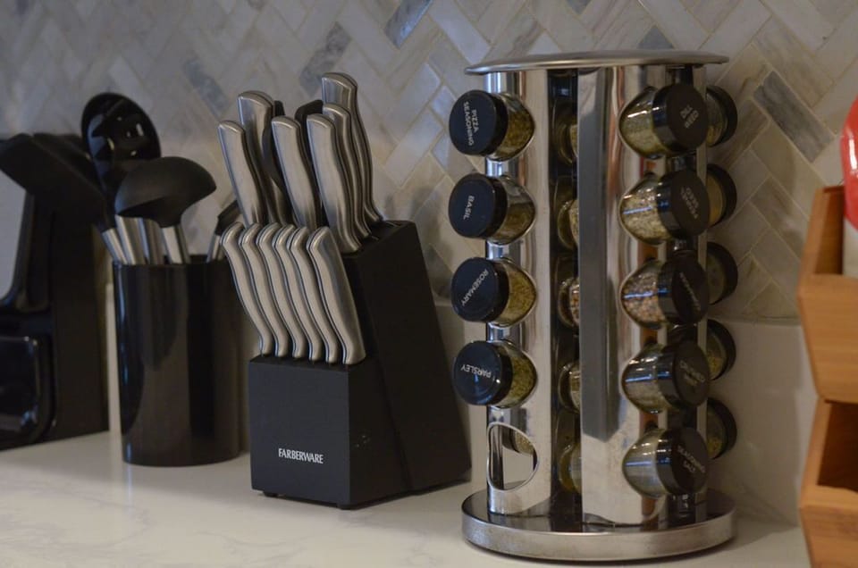 Enhance your cooking with our selection of spices and a sharp knife set. Prepare flavorful meals with ease.