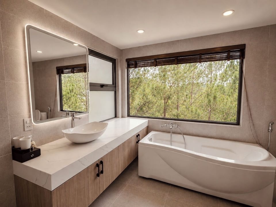 VILLA DELUXE | Bathroom | Designer toiletries, hair dryer, slippers, towels
