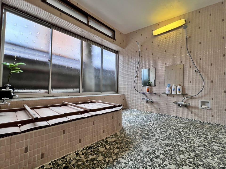 Combined shower/tub, hair dryer, slippers, towels
