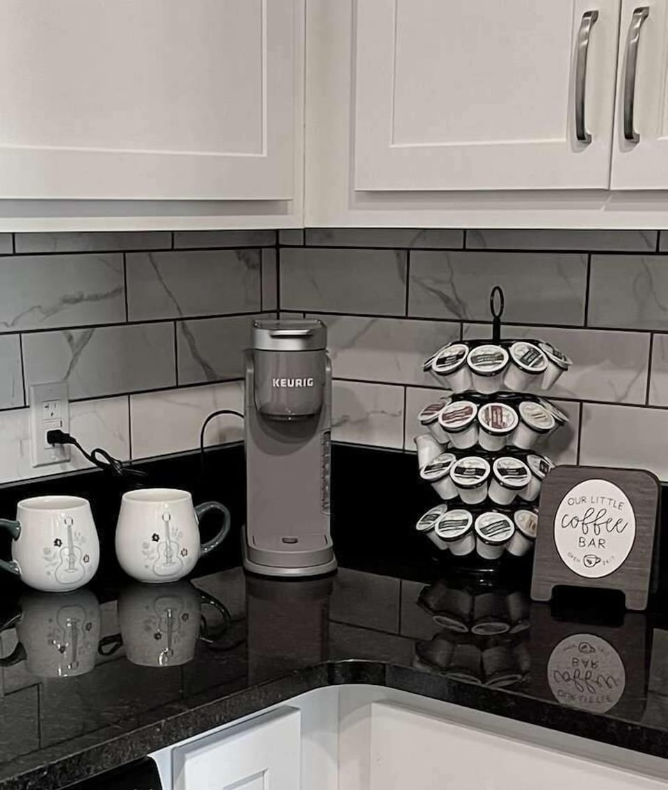 Our coffee bar has a keurig coffee maker and plenty of Kpods to get you started with a great morning cup of coffee.