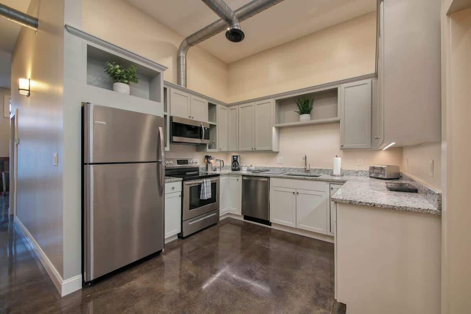 Bright kitchen with stainless steel appliances