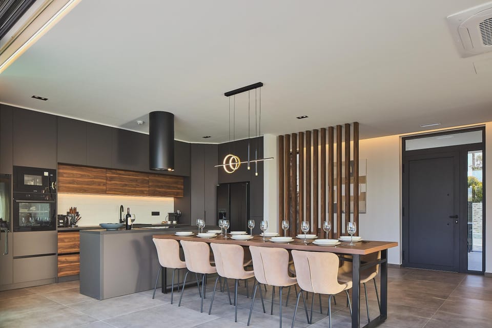 A dining area for 10 individuals to enjoy exceptional meals indoors.