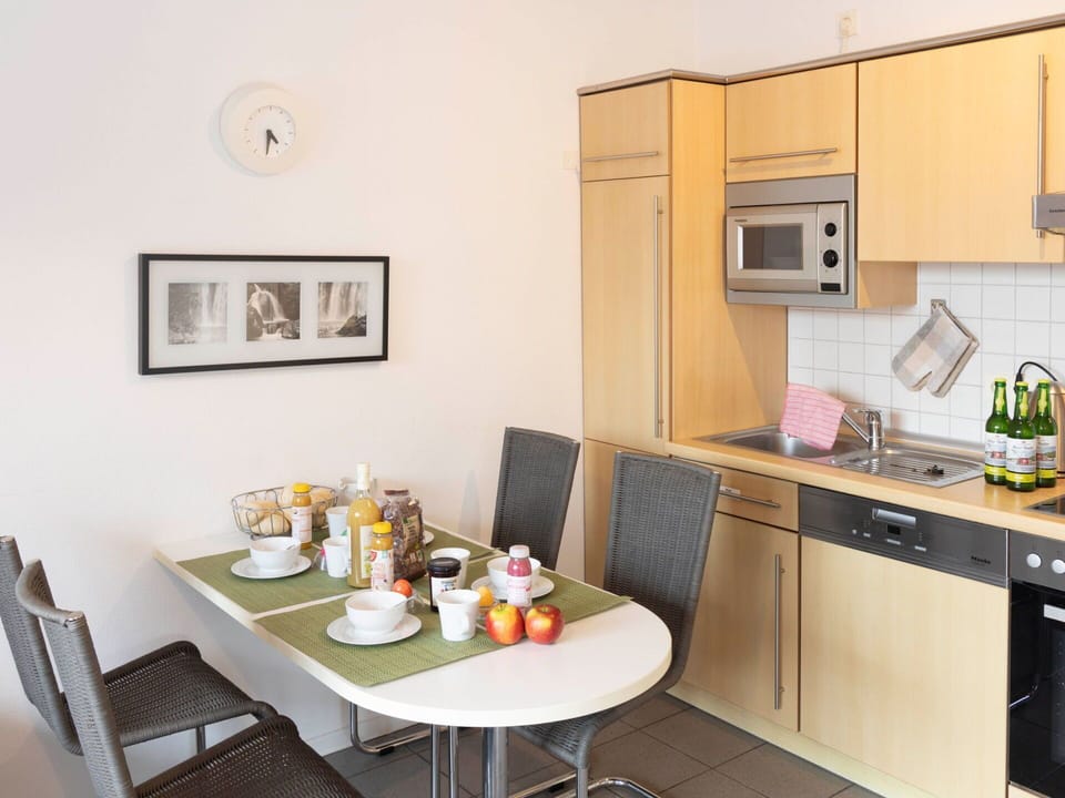 Furniture, Interior Design, Flooring, Floor, Chair, Lighting, Table, Room, Kitchen, Apartment