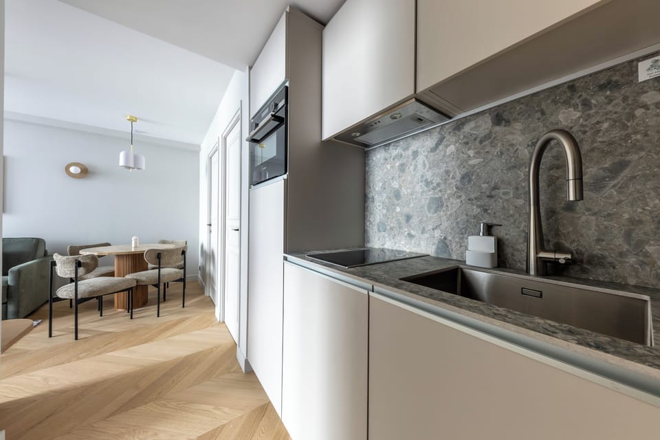 Deluxe Apartment | Private kitchen | Full-size fridge, microwave, oven, stovetop