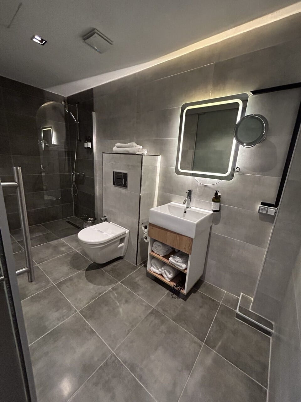 Shower, rainfall showerhead, hair dryer, bathrobes