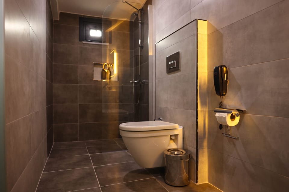 Shower, rainfall showerhead, hair dryer, bathrobes