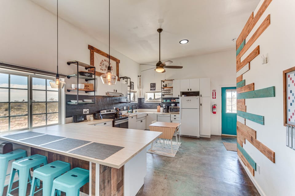 Kitchen | Wood-Burning Stove | Workstation w/ Monitor | Single-Story Home