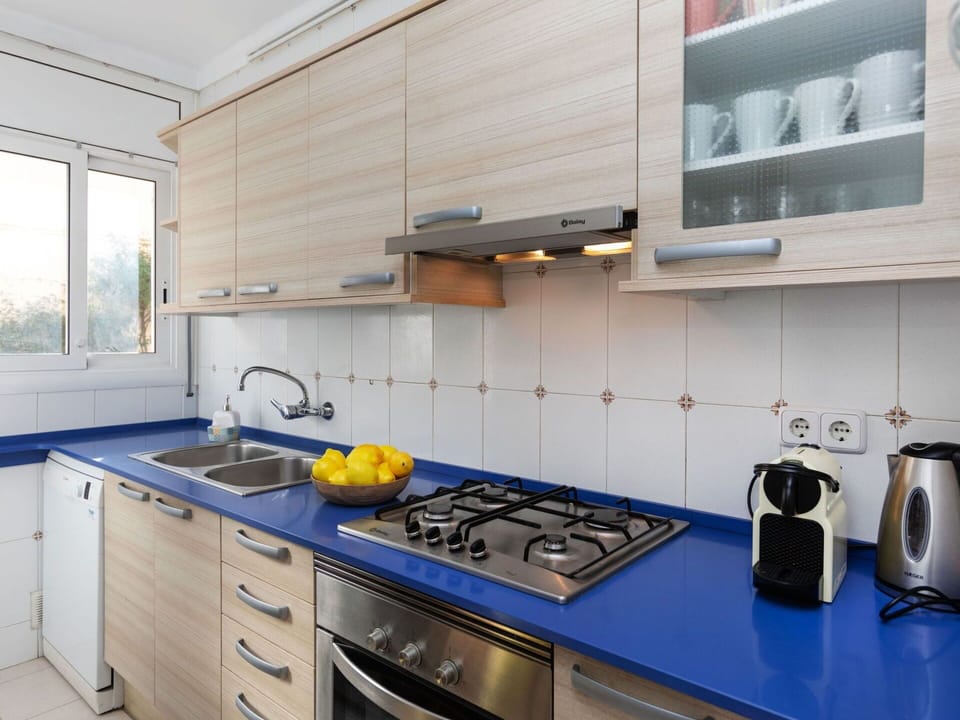 Countertop, Cabinetry, Property, Kitchen Sink, Kitchen Stove, Tableware, Blue, Gas Stove, Tap, Kitchen Appliance