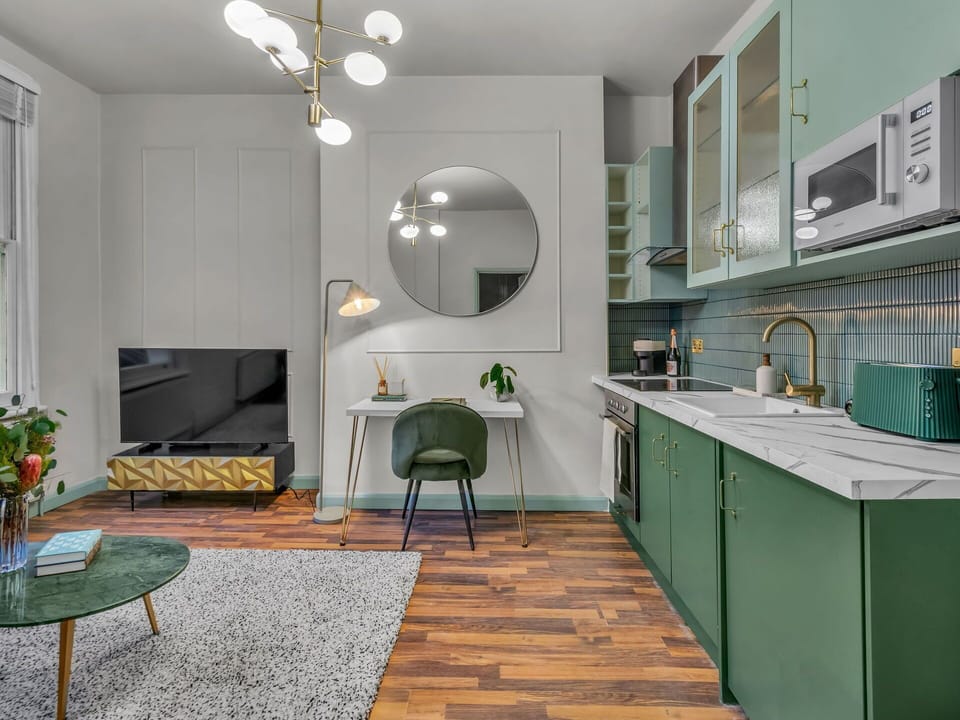 Interior Design, Furniture, Flooring, Wall, Wood, Floor, Kitchen, Ceiling, Light Fixture, Cabinetry