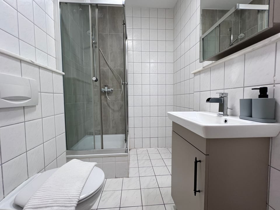 Basic Twin Room, Courtyard View | Bathroom | Shower, rainfall showerhead, hair dryer, towels