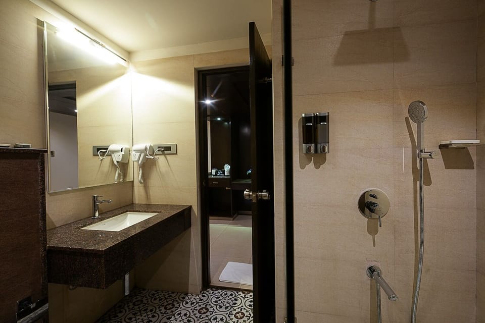 Shower, rainfall showerhead, hair dryer, slippers