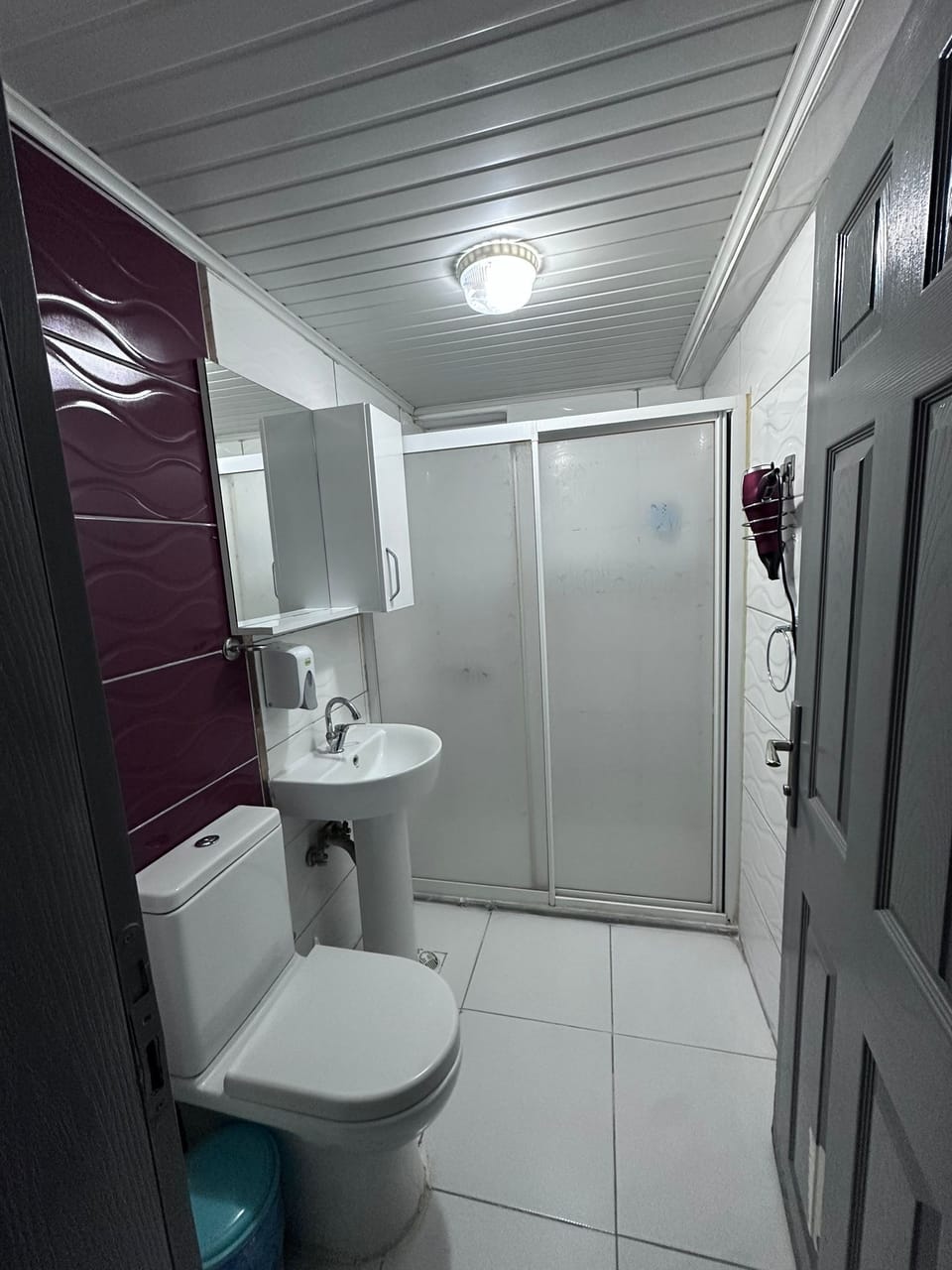 Shower, rainfall showerhead, hair dryer, slippers