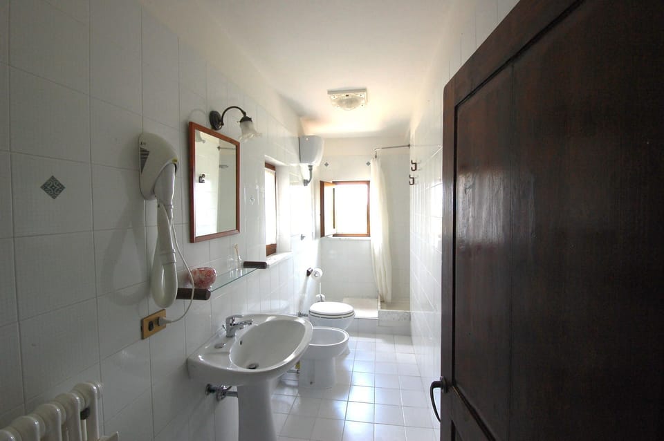 The bathroom has a shower