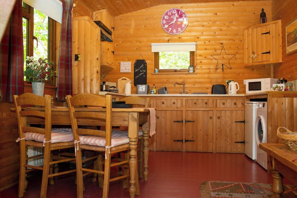 kitchen area with dining table set, wooden cupboards, sink, kettle , microwave, toaster