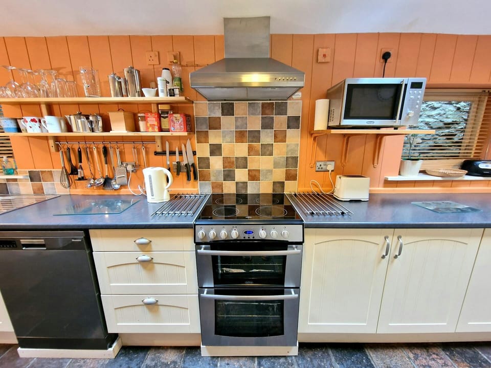 Kitchen with cooker, cooker hood, dishwasher, microwave, kettle and toaster