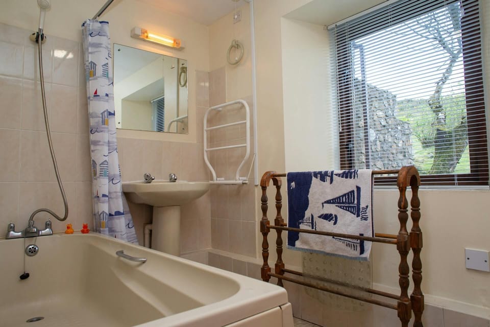 Bath with shower over, hand basin with mirror above, WC and wooden towel rail
