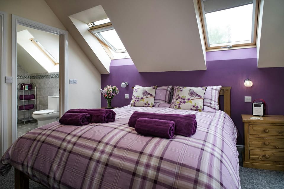 Bedroom with king size bed, two velux windows and door into en suite shower room