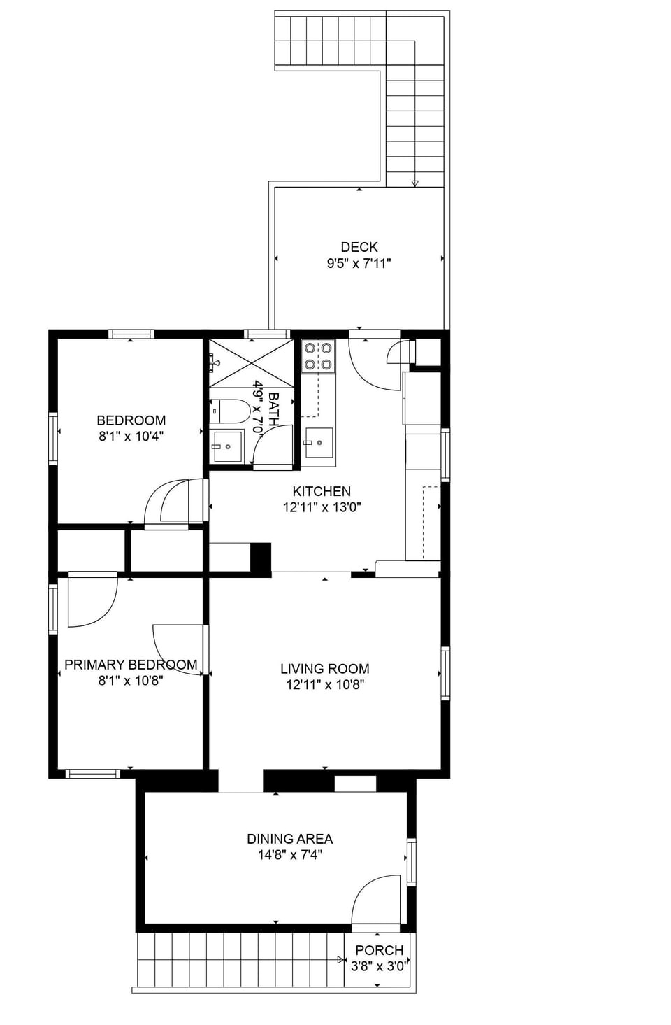 Floor plan of the rental showing the complete area guest has private access to.