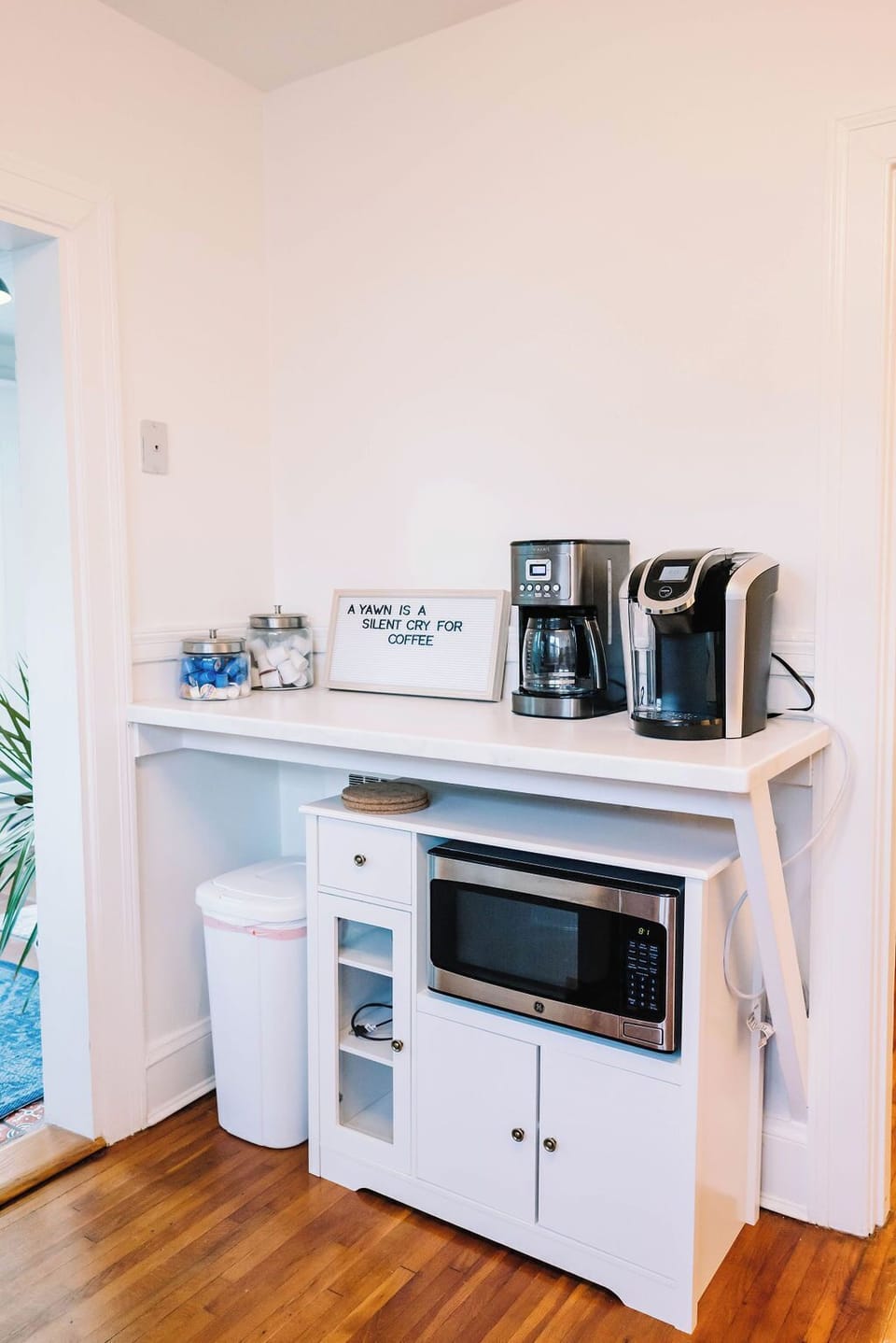 Start your day with a fresh cup of coffee. K cups and coffee creamer provided!