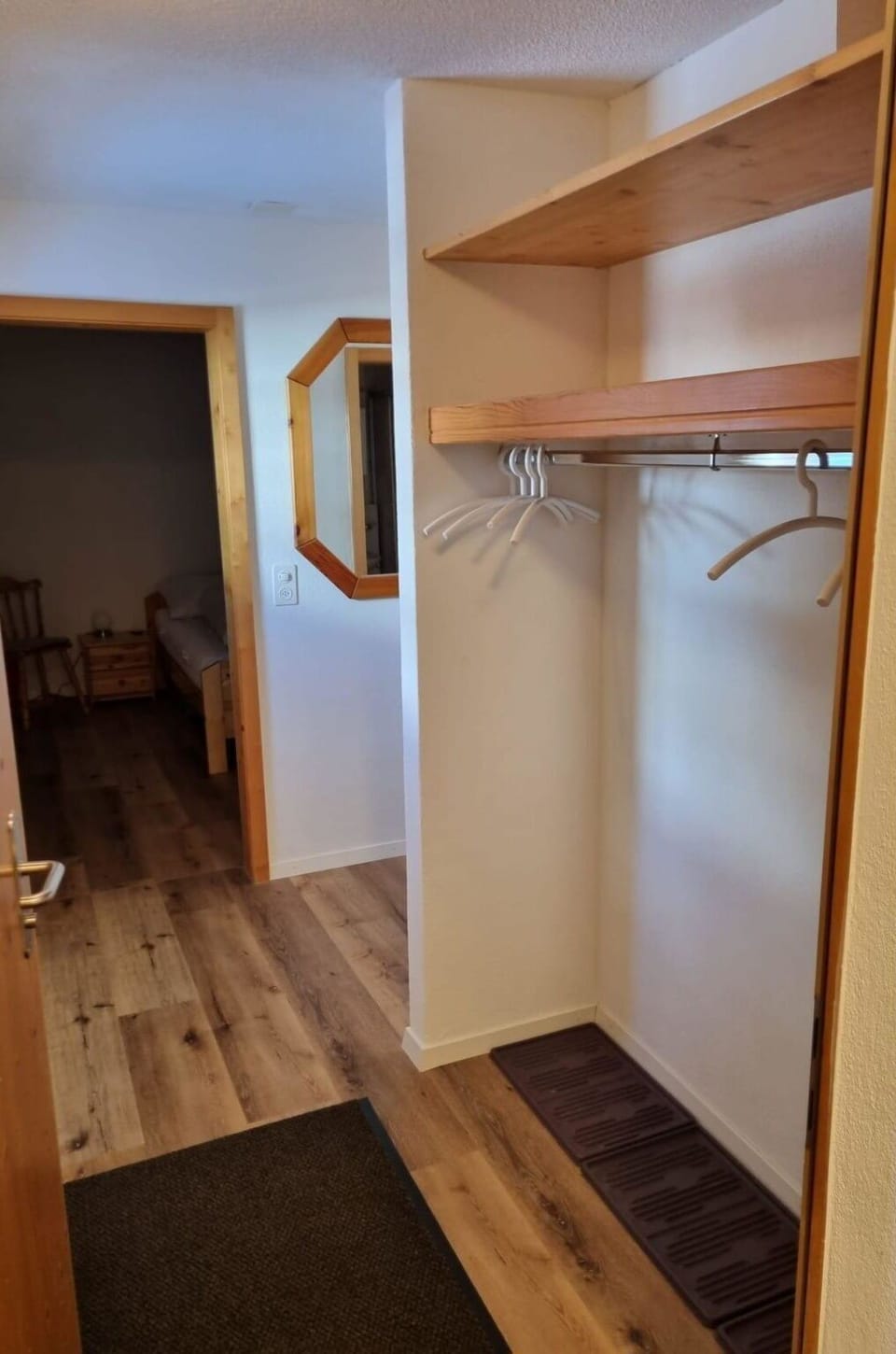 Wood, Flooring, Floor, Hall, Wood Stain, House, Hardwood, Automotive Exterior, Shelving, Ceiling
