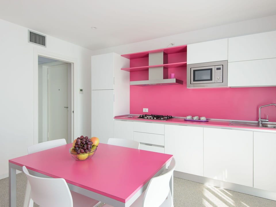 Interior Design, Flooring, Kitchen, Pink, Apartment, Countertop, Paint, Tap, Sink, Cabinetry