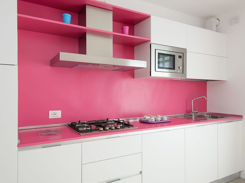 Kitchen, Countertop, Pink, Kitchen Appliance, Cabinetry, Major Appliance, Kitchen Stove, Tap, Stove, Paint