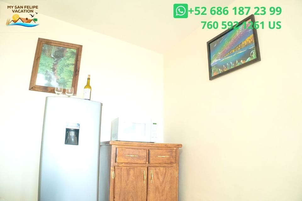 Keep your drinks & fresh catch cold in the full size refrigerator at Rancho Percebu Vacation Rental Studio, San Felipe Baja California Mexico. All the home comforts on the Sea of Cortez!