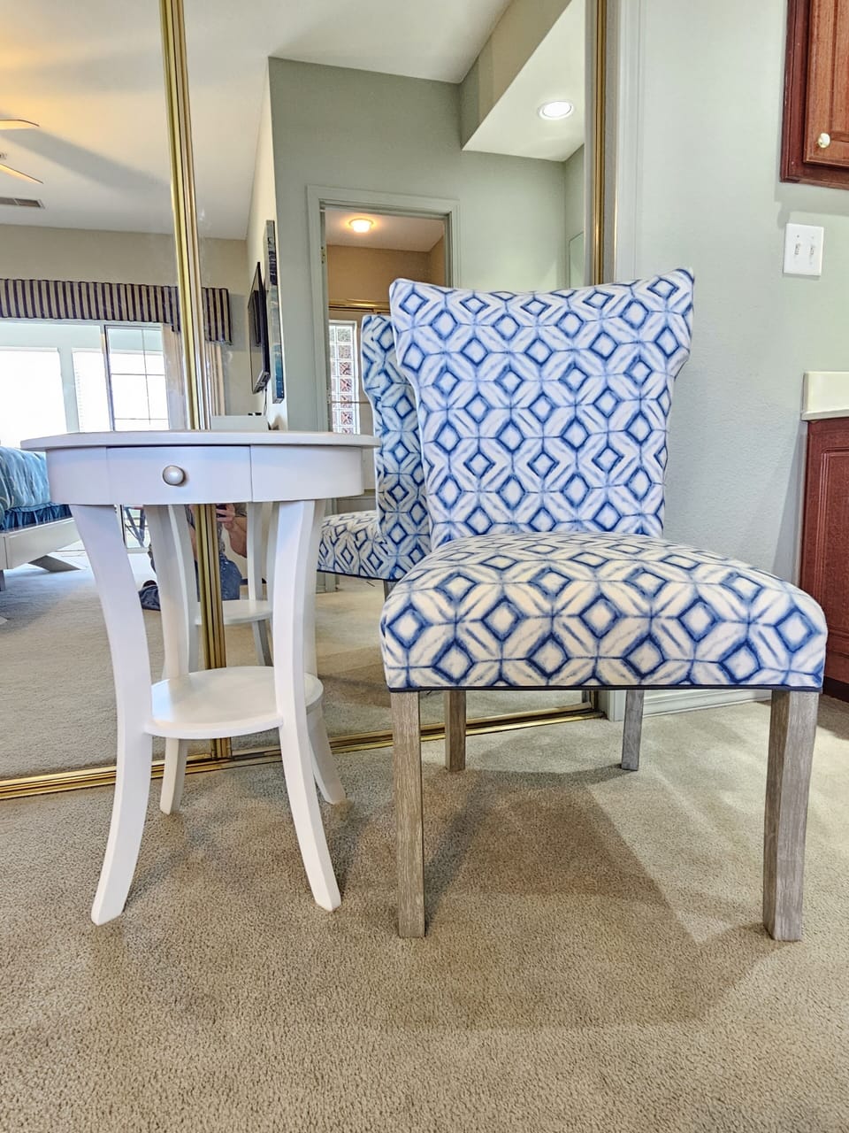 Unique extra seating and end table inside the master bedroom!