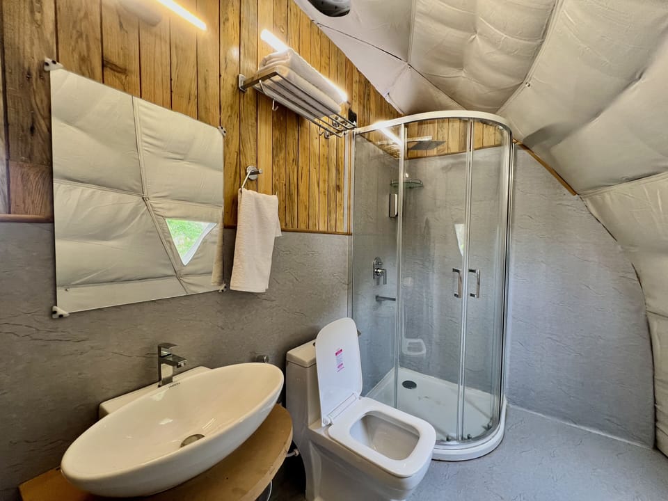 Shower, rainfall showerhead, free toiletries, towels