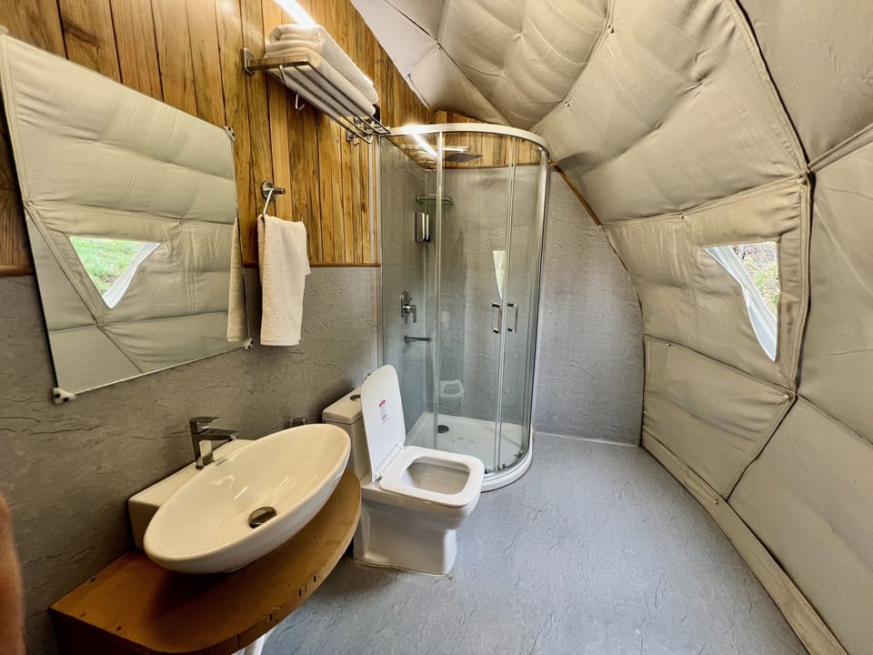 Shower, rainfall showerhead, free toiletries, towels