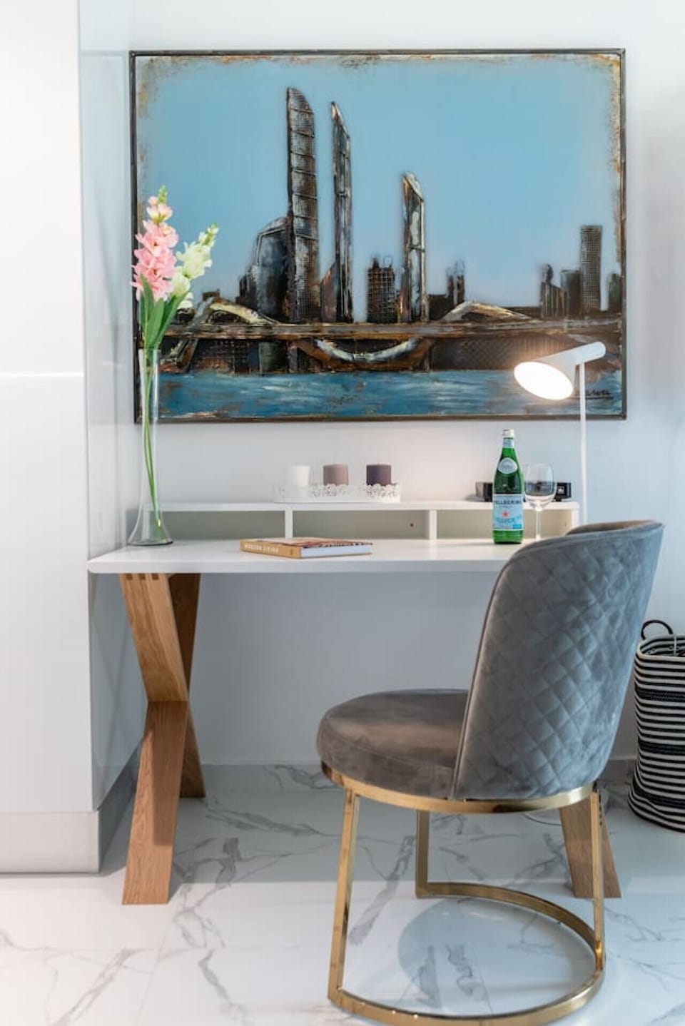 Workspace Retreat: Bright desk with cityscape decor, inspiring productivity in style!