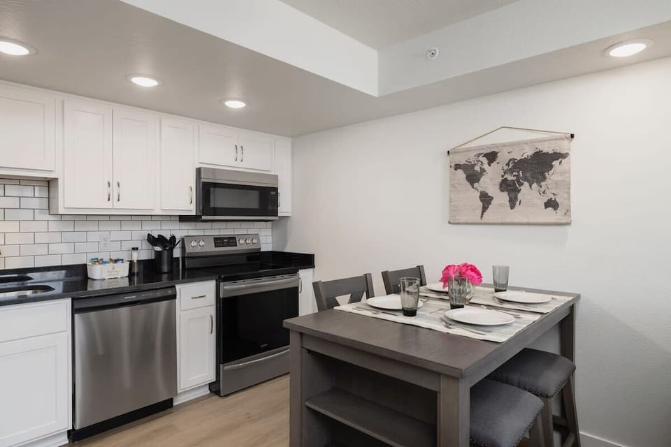 You’ll find plenty of prep space on the countertops, along with all the cookware, bakeware, dishware, flatware, glassware, serving-ware, and utensils you need to prepare and serve your favorite meals.