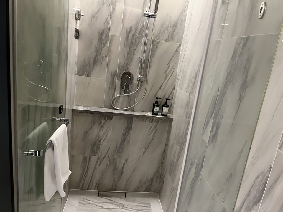 Shower, rainfall showerhead, free toiletries, hair dryer