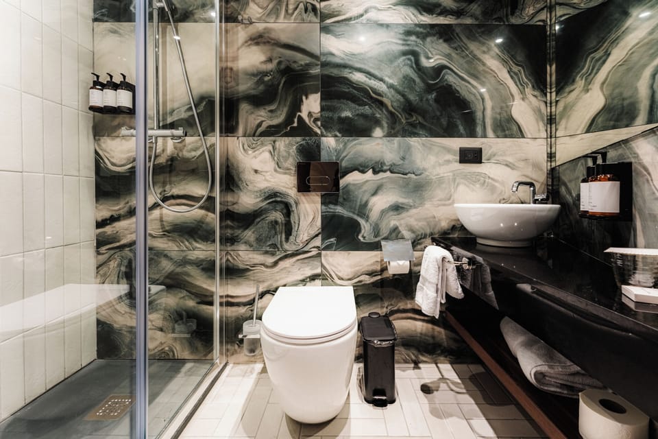 Shower, jetted tub, rainfall showerhead, hair dryer