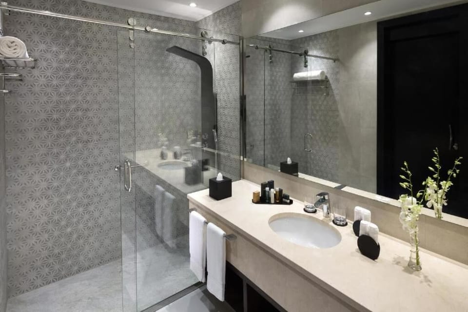 Shower, rainfall showerhead, hair dryer, bathrobes