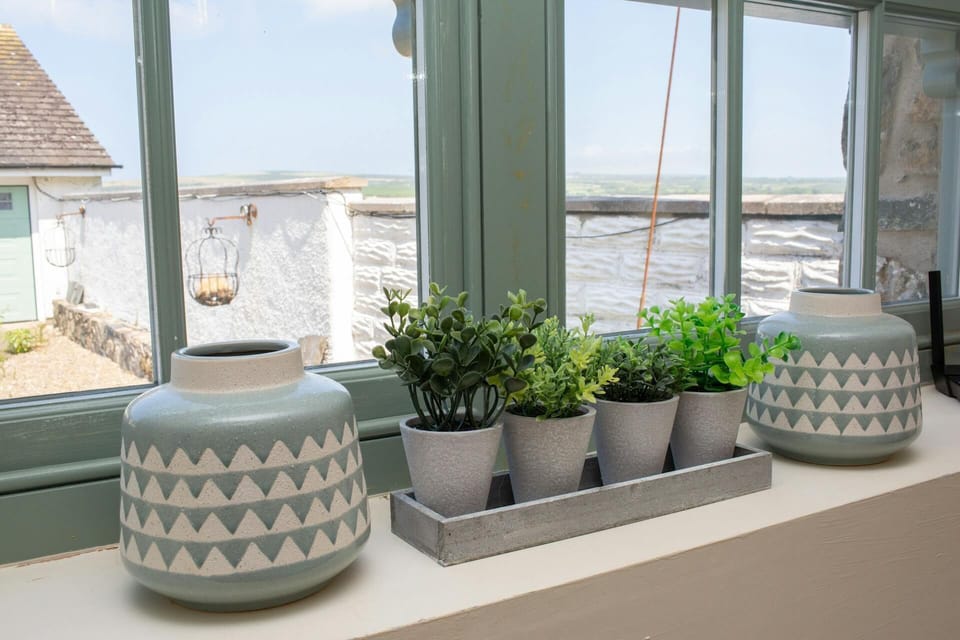 Window with views over the coastal path. Various plant pots and vases