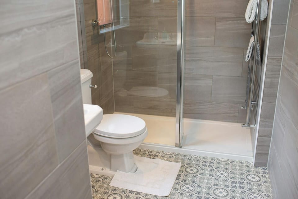 Toilet with mat on floor, walk in shower with glass door, metal towel rail inside