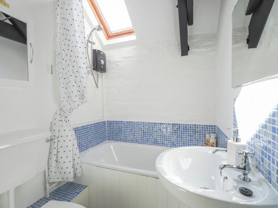Bathroom with shower over bath, toilet, washbasin and velux window