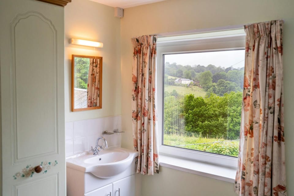 Bedroom with large window and wash hand basin with mirror and light over