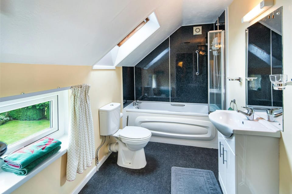 Bath with shower over, WC, wash hand basin and unit with mirror over