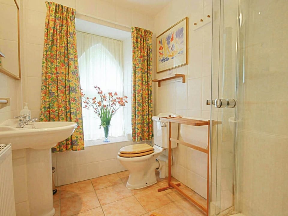 Shower room with corner shower, wash basin, WC and wooden towel rail