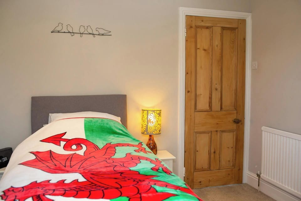 Single bed with bedside table and lamp