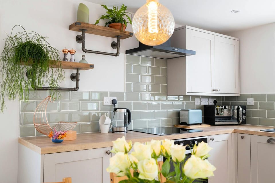 Vase of flowers, hanging plants on shelves, microwave and toaster
