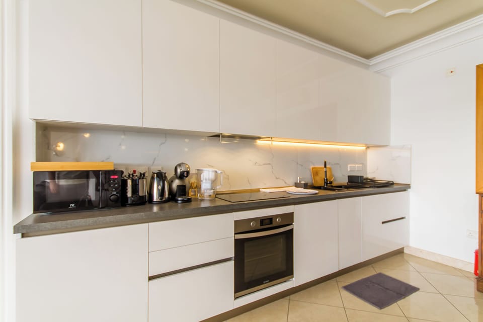Family Apartment, Multiple Bedrooms, 2 Bathrooms (A Magnificent Sunny Seafront Apart) | Private kitchen | Fridge, microwave, oven, stovetop