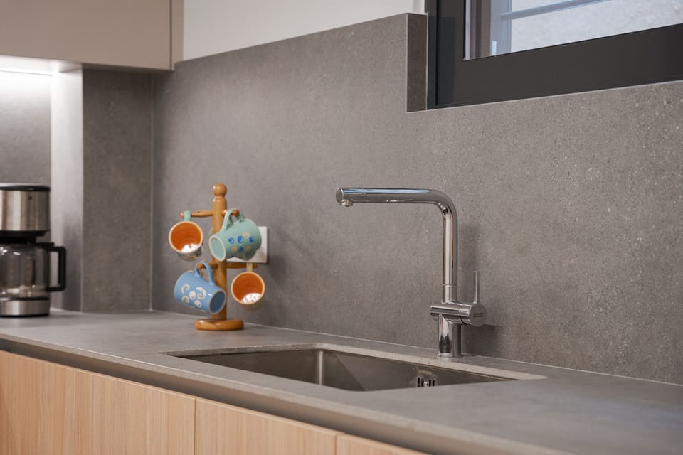 Deluxe Apartment | Private kitchen | Fridge, microwave, oven, stovetop